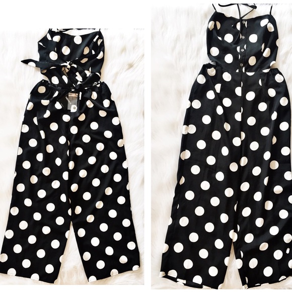 Black Open Back Jumpsuit with White Polka Dots - Picture 3 of 8